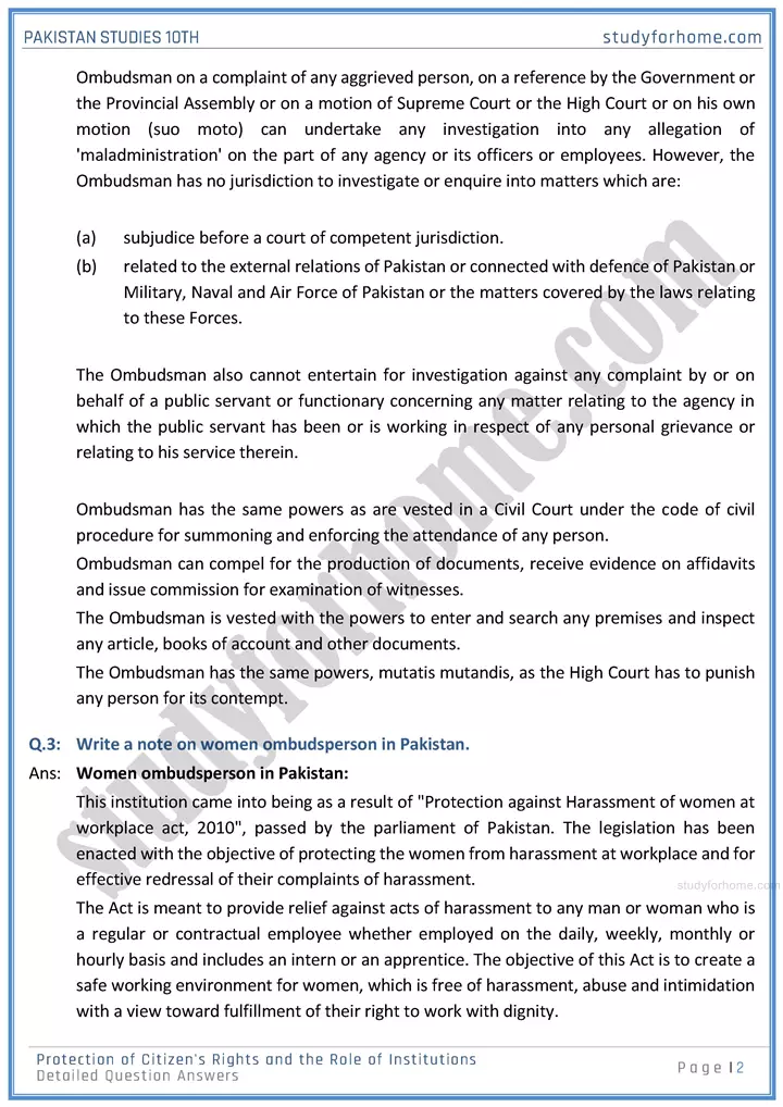 protection of citizens rights and the role of institutions detailed question answers pakistan studies class 10th 02