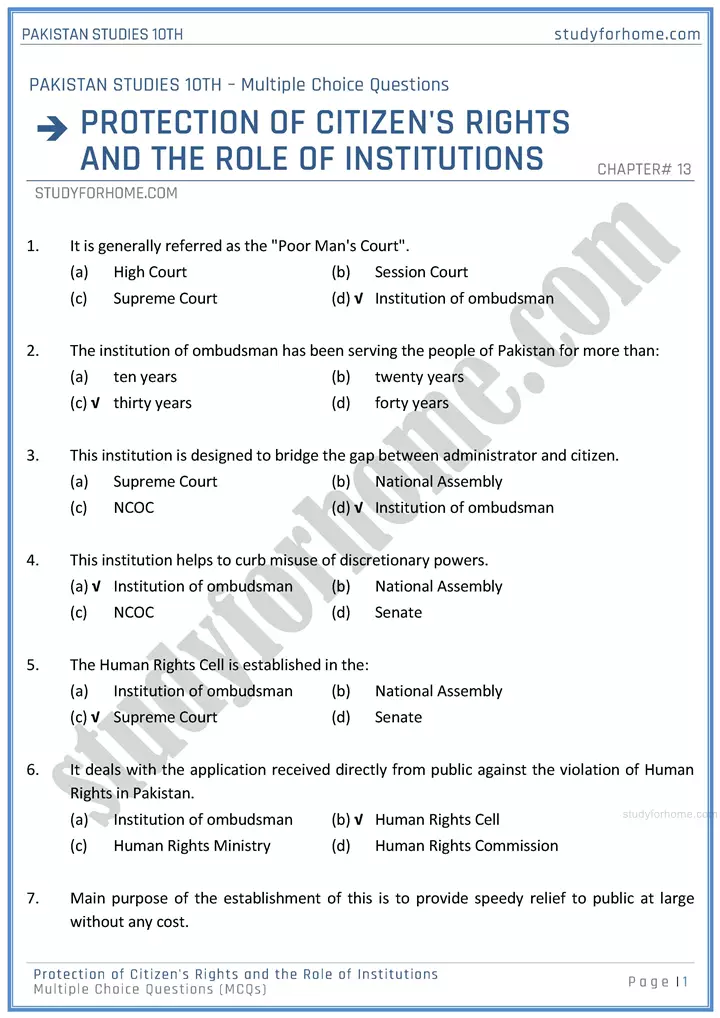 protection of citizens rights and the role of institutions multiple choice questions pakistan studies class 10th 01