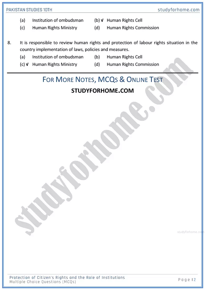 protection of citizens rights and the role of institutions multiple choice questions pakistan studies class 10th 02