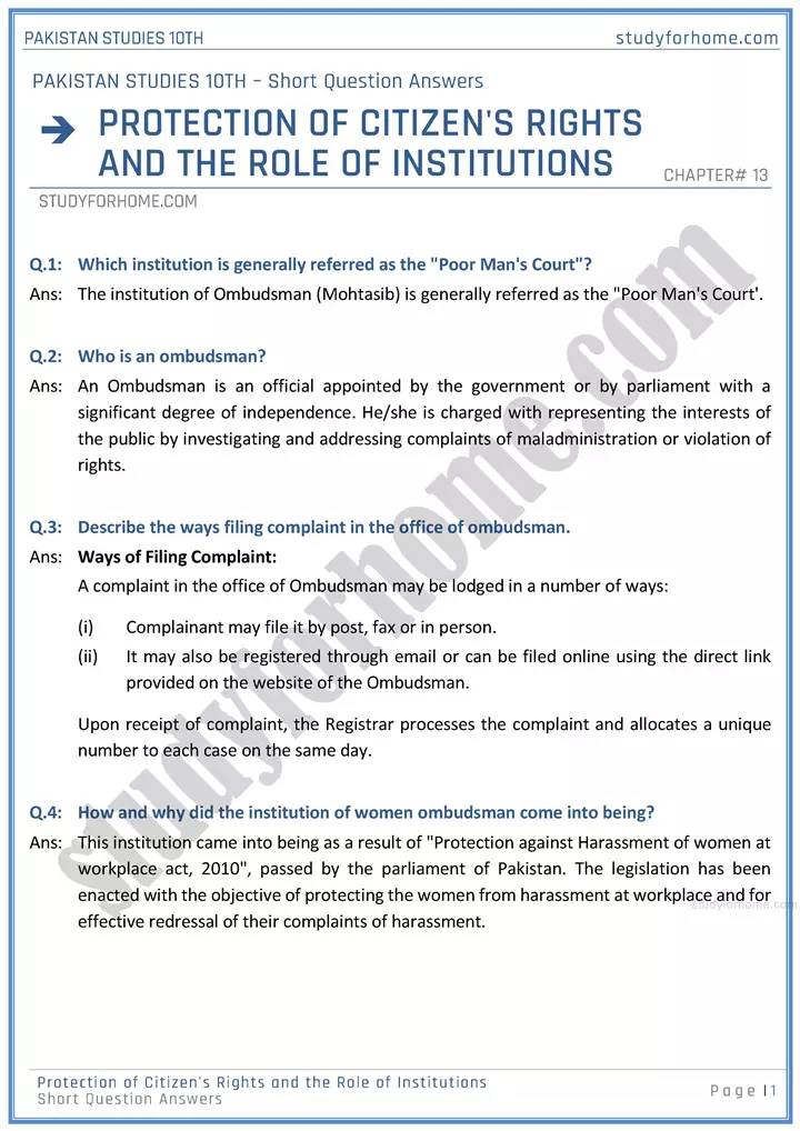 protection of citizens rights and the role of institutions short question answers pakistan studies class 10th 01