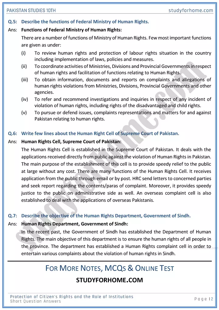 protection of citizens rights and the role of institutions short question answers pakistan studies class 10th 02