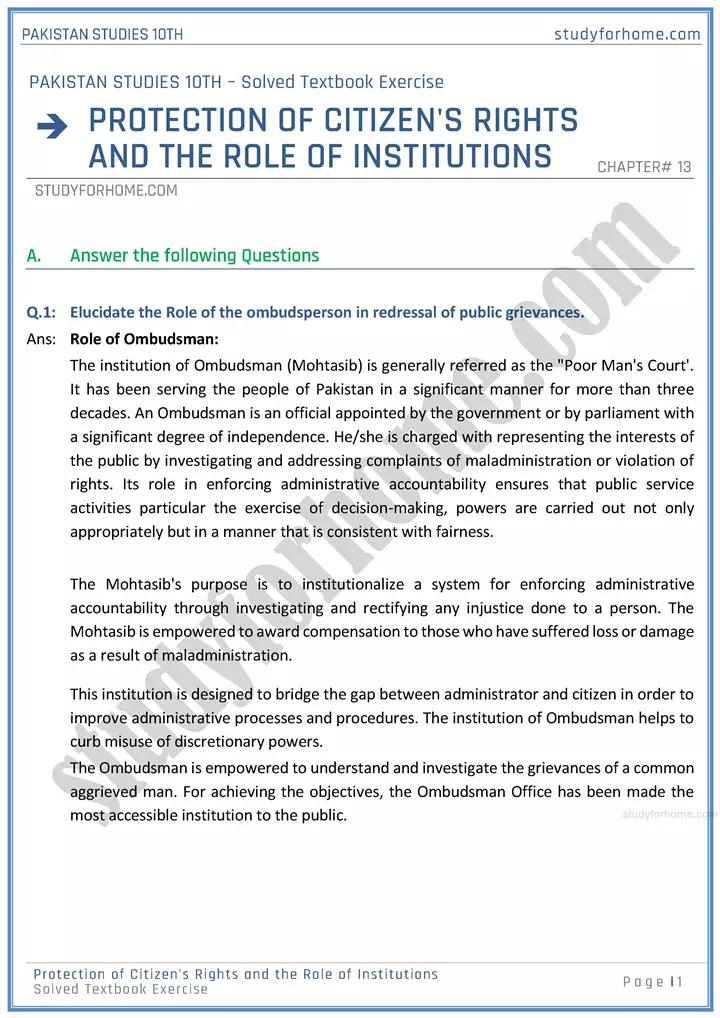 protection of citizens rights and the role of institutions solved textbook exercise pakistan studies class 10th 01