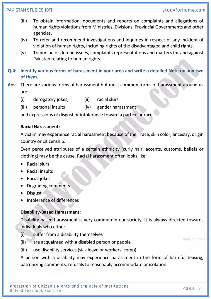 protection of citizens rights and the role of institutions solved textbook exercise pakistan studies class 10th 03