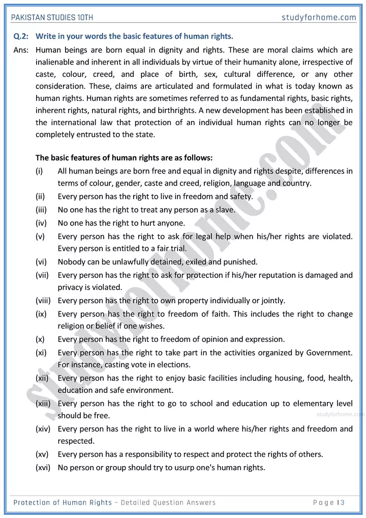 protection of human rights detailed question answers pakistan studies class 10th 03