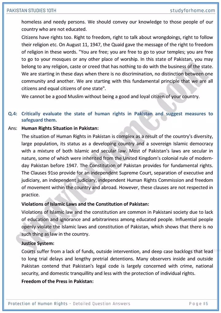 protection of human rights detailed question answers pakistan studies class 10th 05