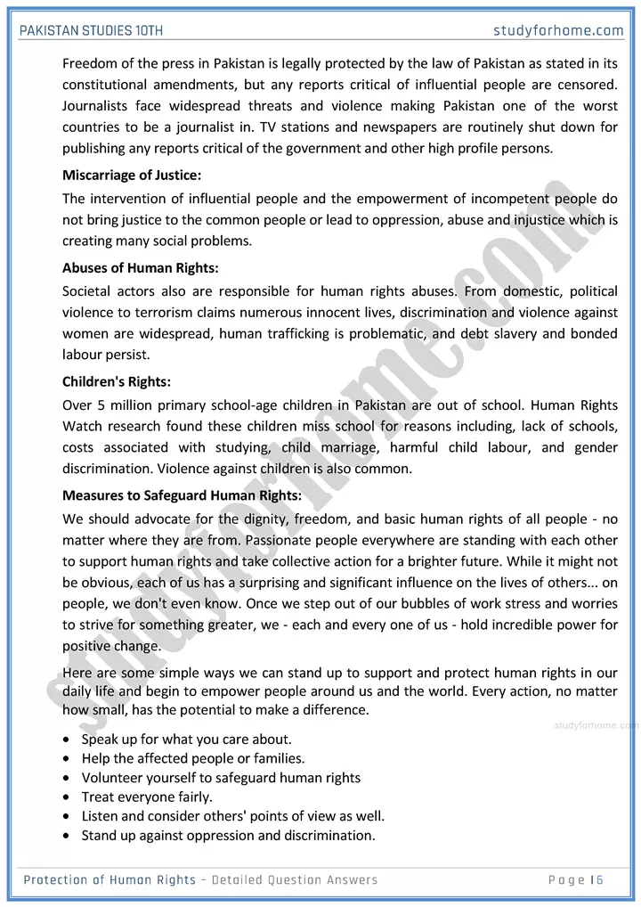 protection of human rights detailed question answers pakistan studies class 10th 06