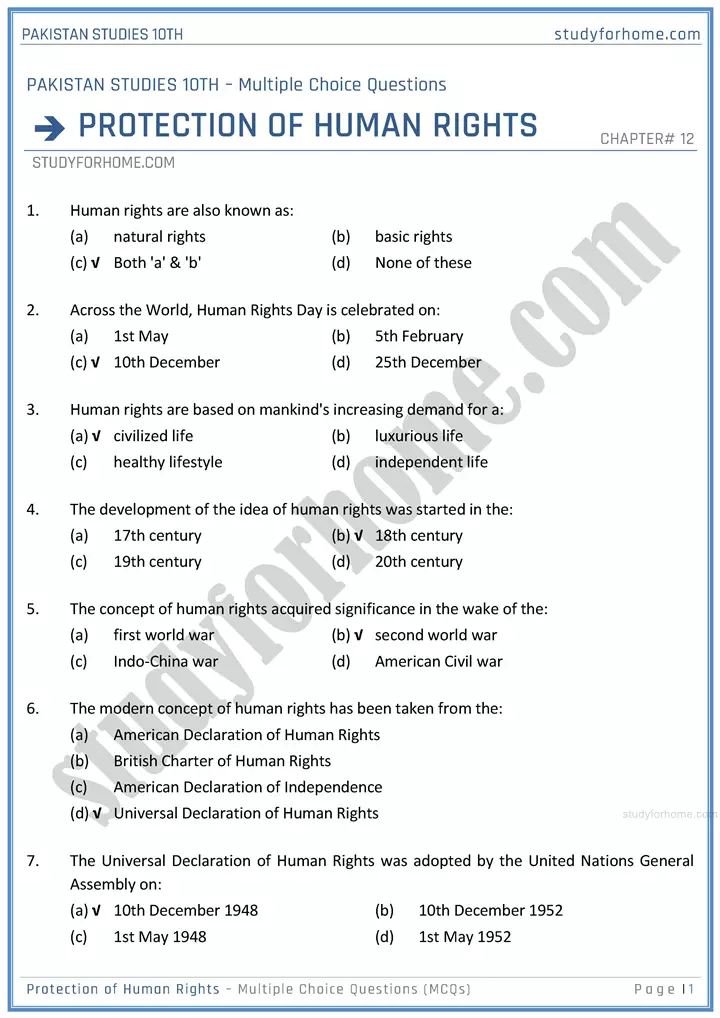 protection of human rights multiple choice questions pakistan studies class 10th 01