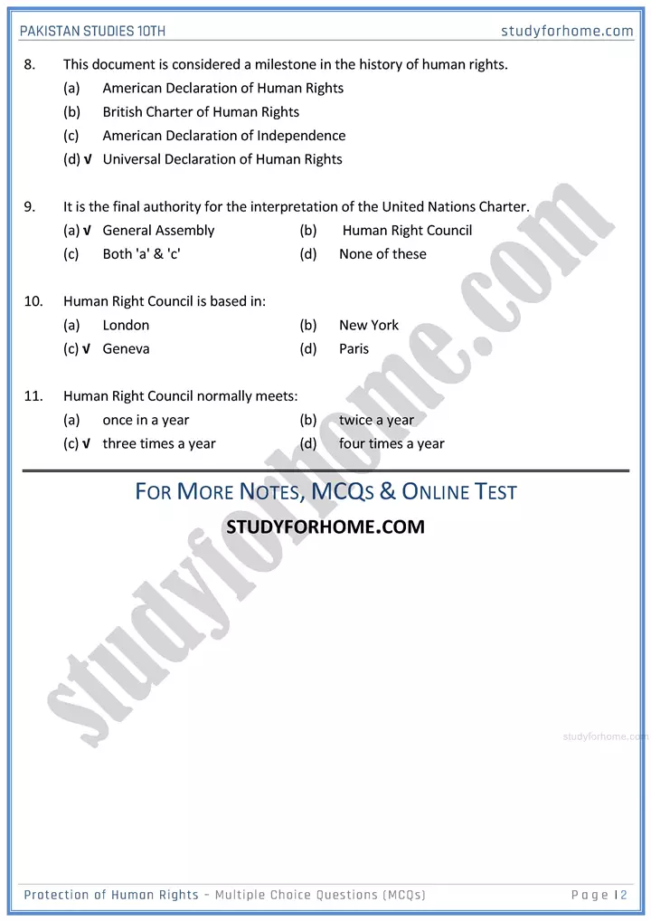 protection of human rights multiple choice questions pakistan studies class 10th 02