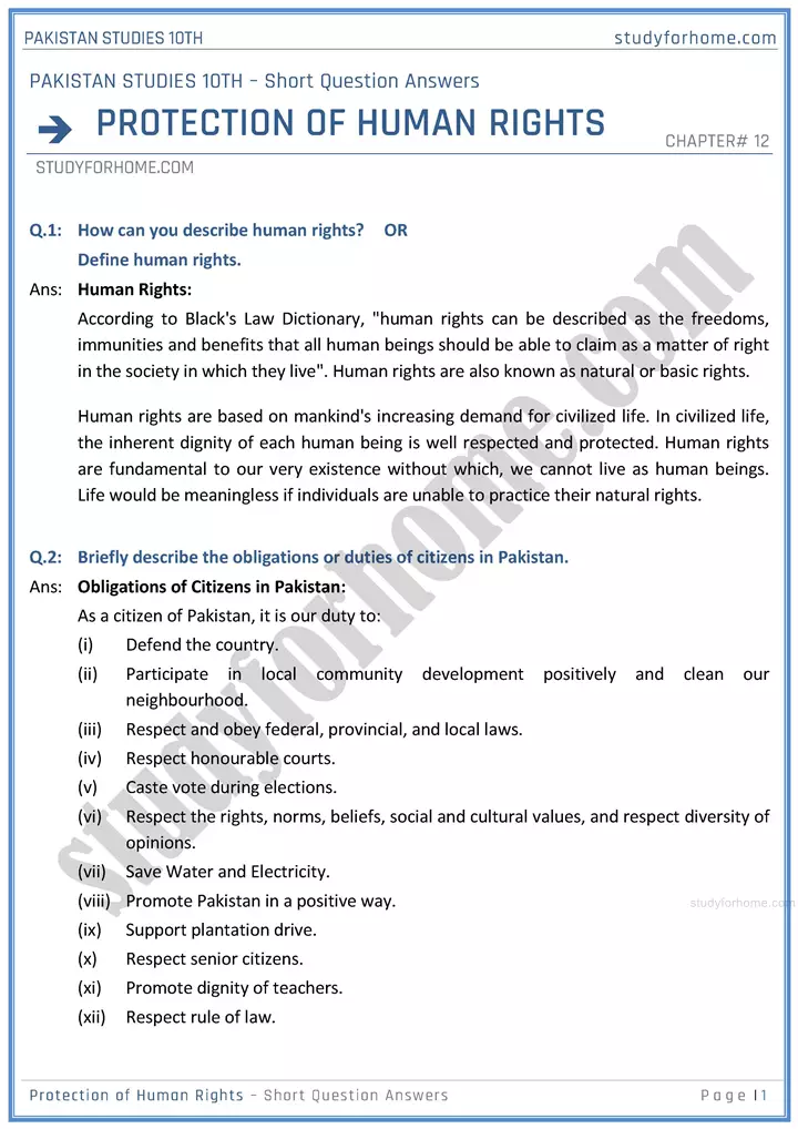 protection of human rights short question answers pakistan studies class 10th 01