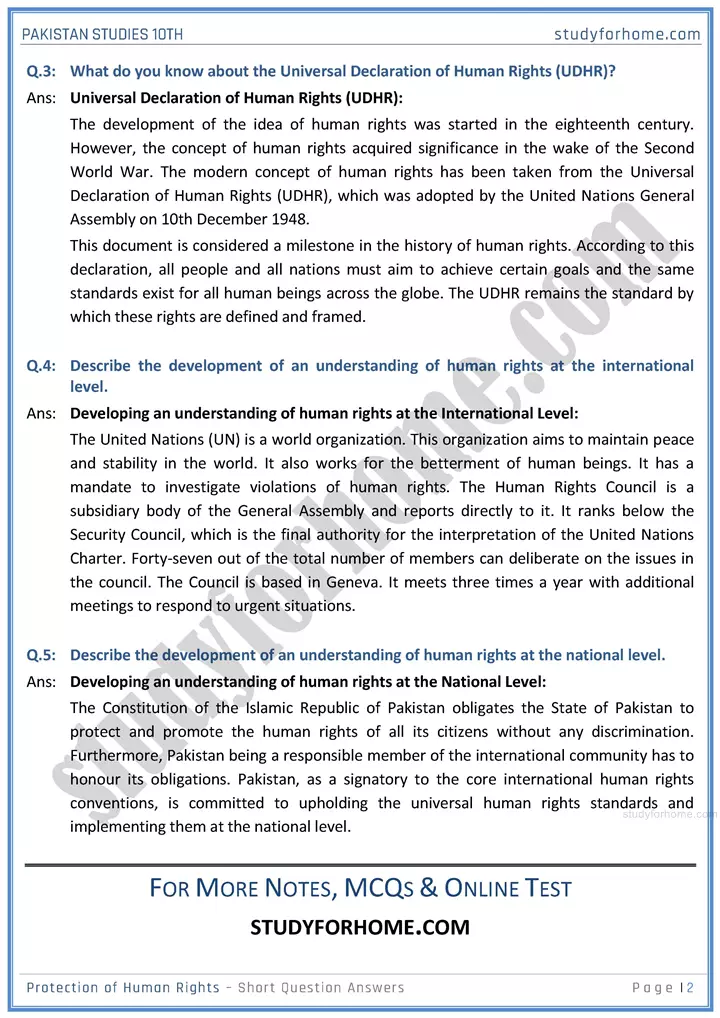 protection of human rights short question answers pakistan studies class 10th 02