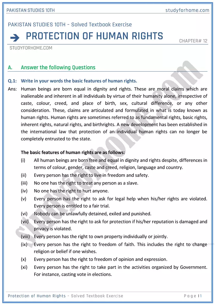 protection of human rights solved textbook exercise pakistan studies class 10th 01