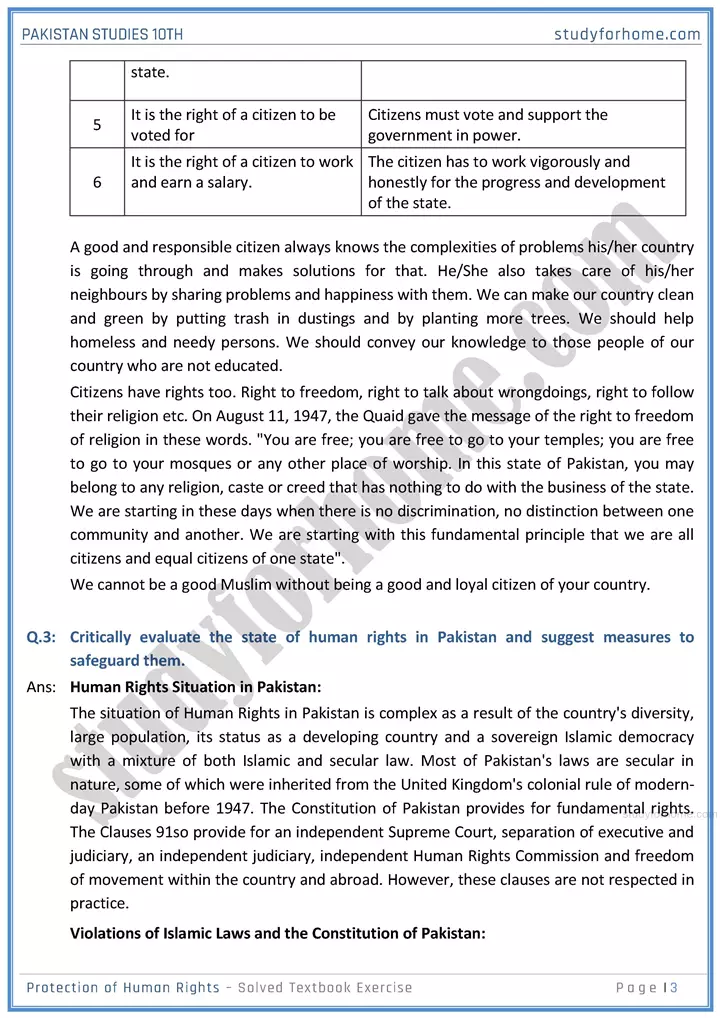 protection of human rights solved textbook exercise pakistan studies class 10th 03