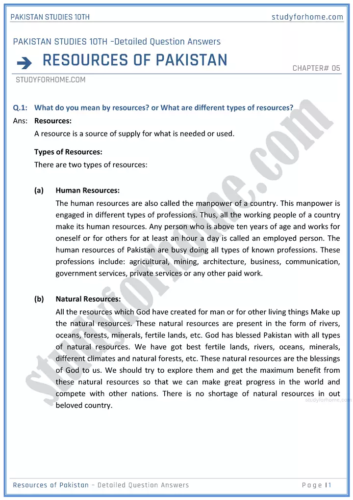 resources-of-pakistan-detailed-question-answers-pakistan-studies-class-10th