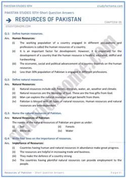 resources-of-pakistan-short-question-answers-pakistan-studies-class-10th