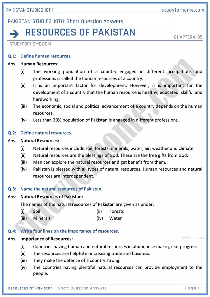 resources-of-pakistan-short-question-answers-pakistan-studies-class-10th