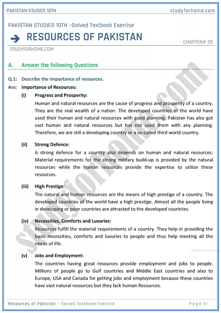 resources-of-pakistan-solved-textbook-exercise-pakistan-studies-class-10th