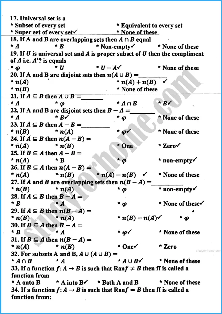 sets and functions mcqs mathematics class 10th 02