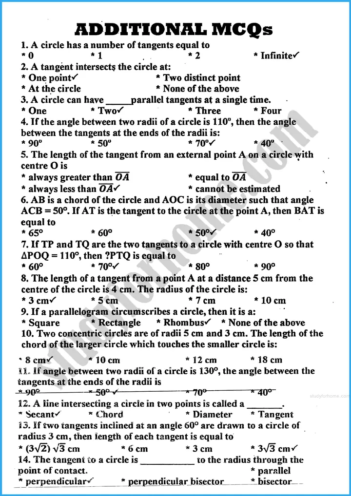 tangents of a circle mcqs mathematics class 10th 01