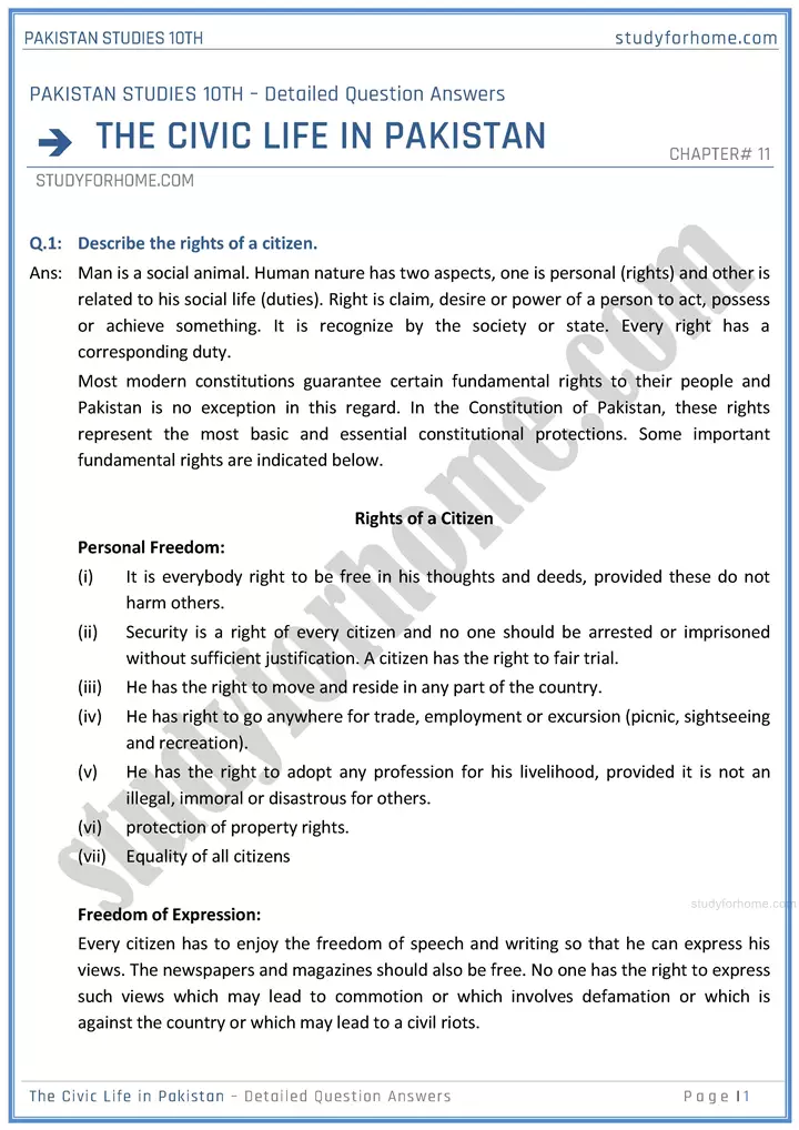 the civic life in pakistan detailed question answers pakistan studies class 10th 01