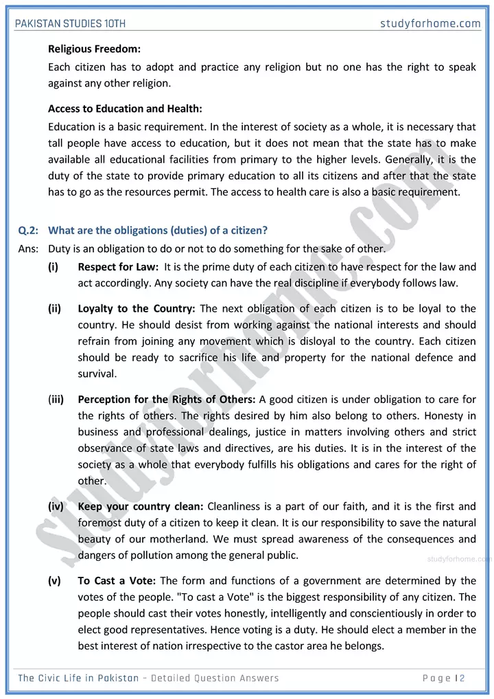 the civic life in pakistan detailed question answers pakistan studies class 10th 02