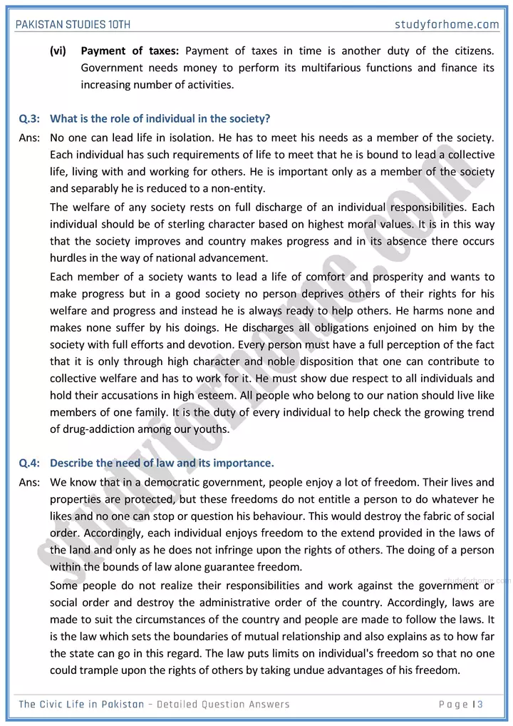 the civic life in pakistan detailed question answers pakistan studies class 10th 03