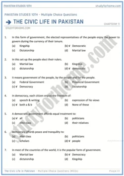 the-civic-life-in-pakistan-multiple-choice-questions-pakistan-studies-class-10th