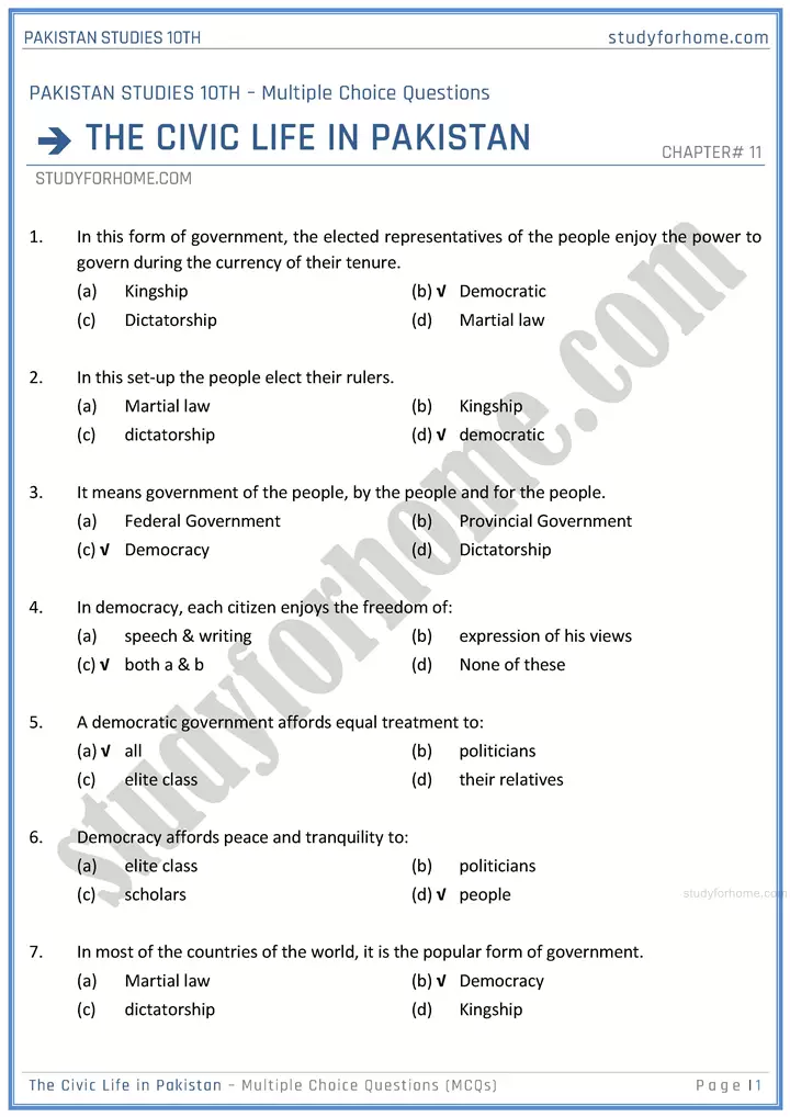 the civic life in pakistan multiple choice questions pakistan studies class 10th 01