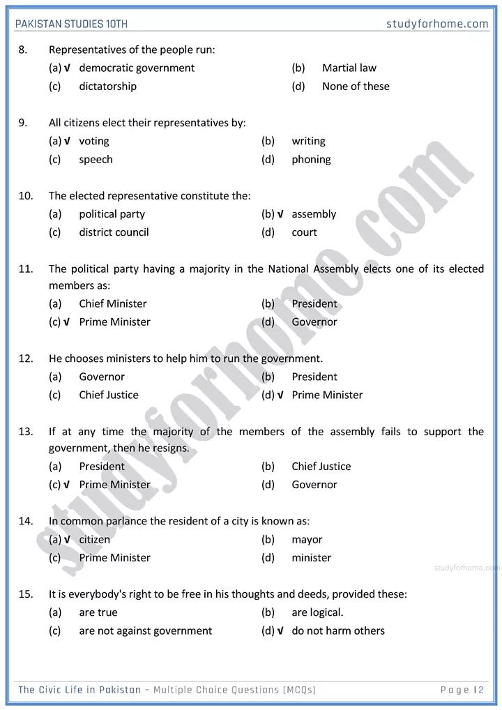 the civic life in pakistan multiple choice questions pakistan studies class 10th 02