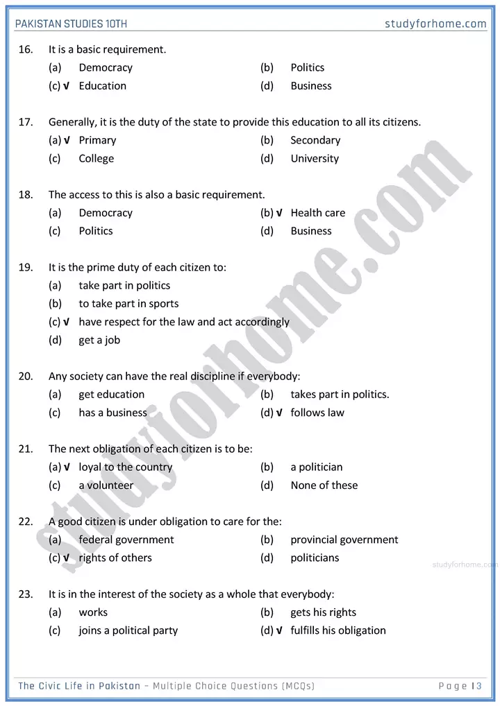 the civic life in pakistan multiple choice questions pakistan studies class 10th 03