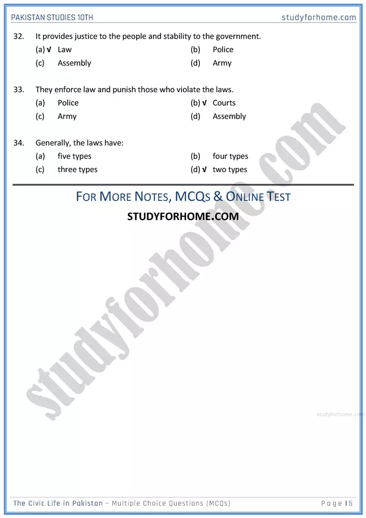 the civic life in pakistan multiple choice questions pakistan studies class 10th 05