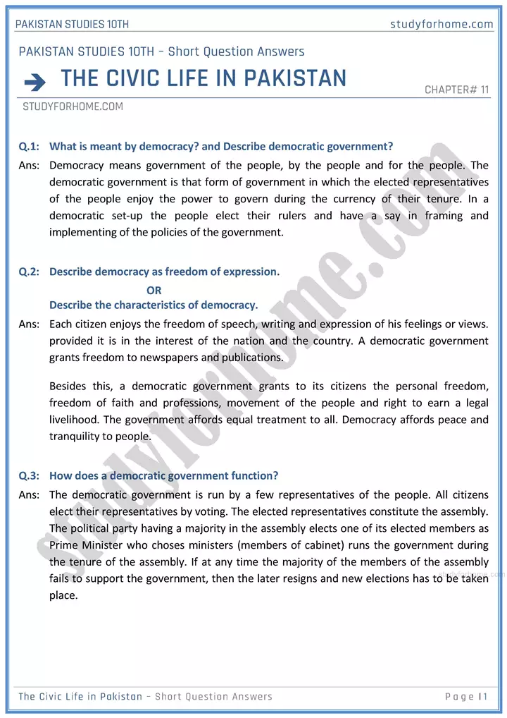 the civic life in pakistan short question answers pakistan studies class 10th 01