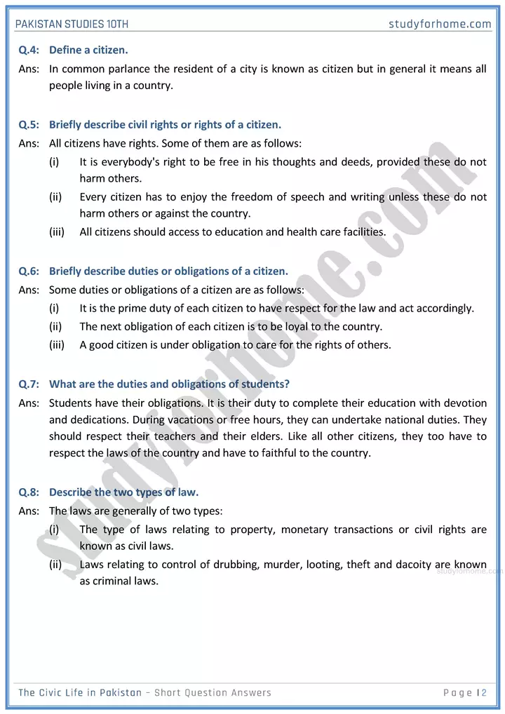 the civic life in pakistan short question answers pakistan studies class 10th 02