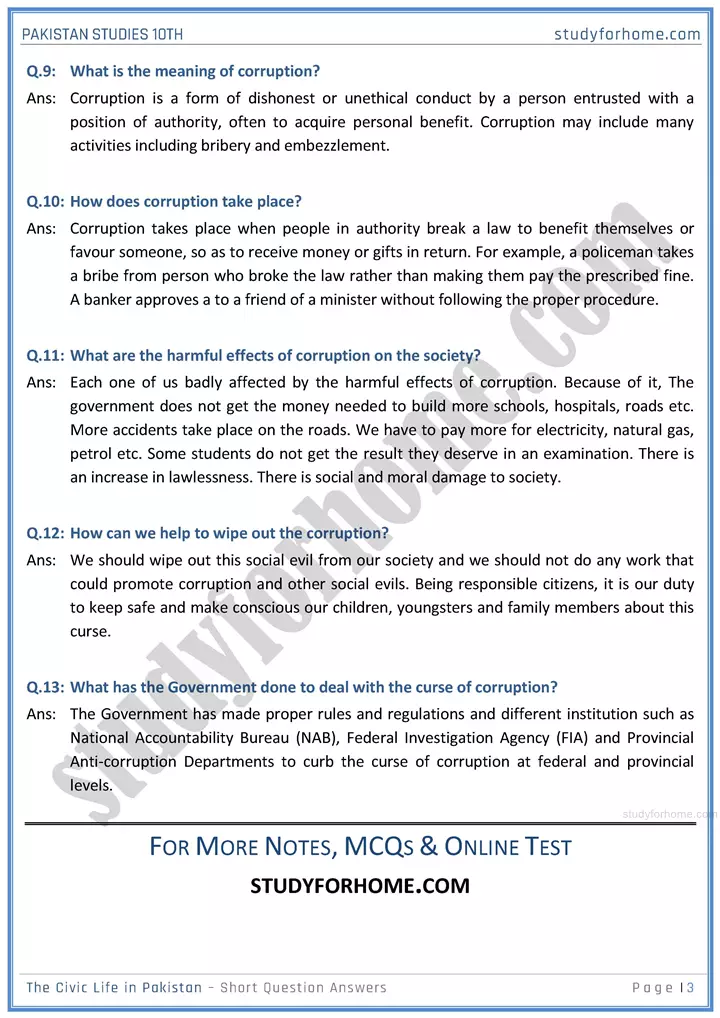 the civic life in pakistan short question answers pakistan studies class 10th 03