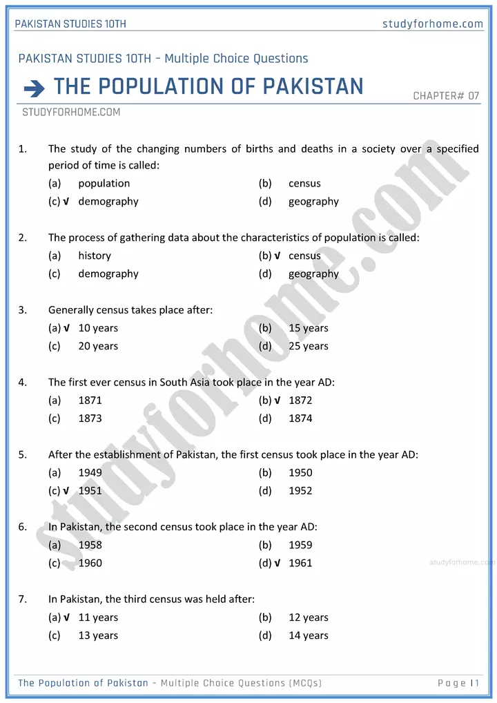 the-population-of-pakistan-multiple-choice-questions-pakistan-studies-class-10th