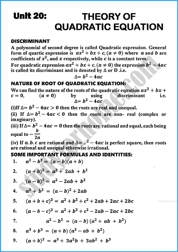 theory of quadratic equations definition and formulae mathematics class 10th 01