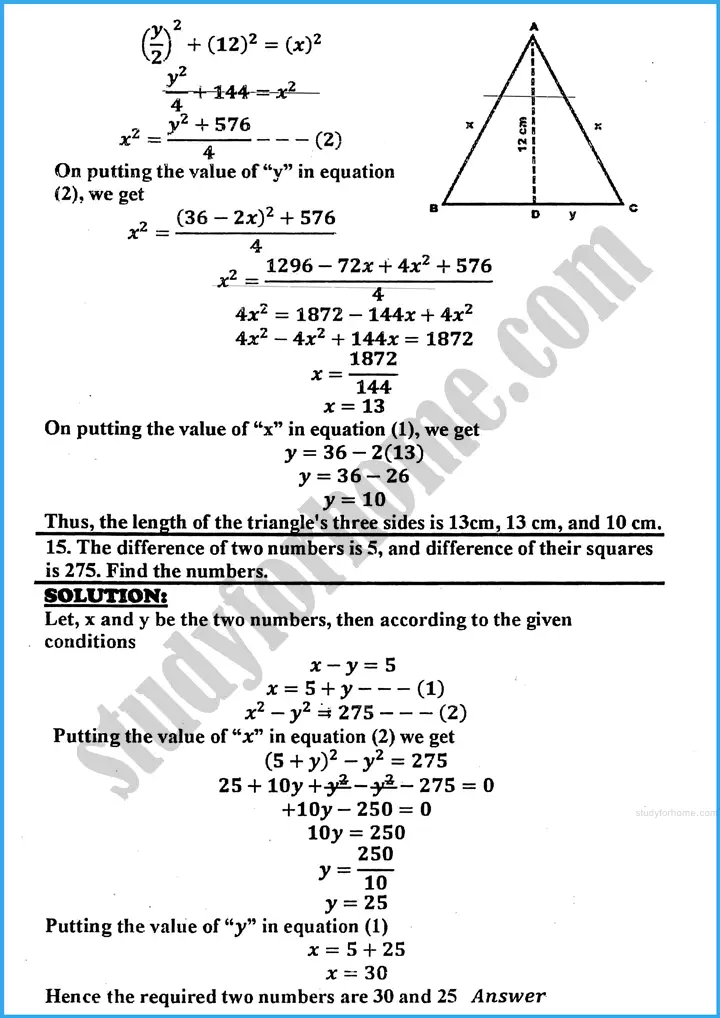 theory of quadratic equations exercise 20 7 mathematics class 10th 13