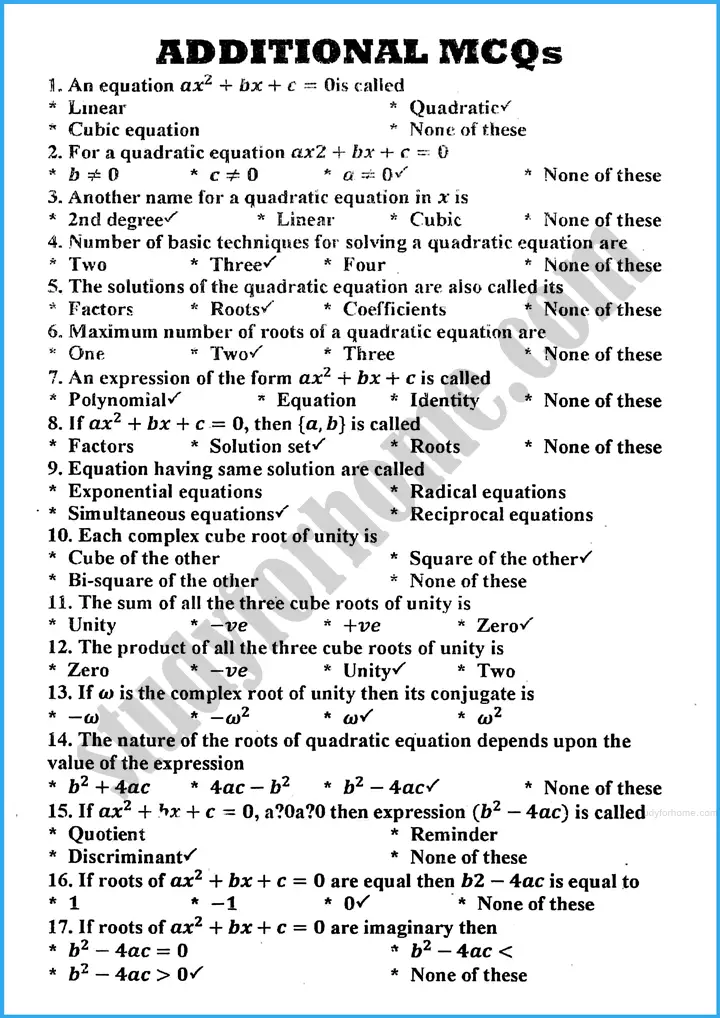 theory of quadratic equations mcqs mathematics class 10th 01