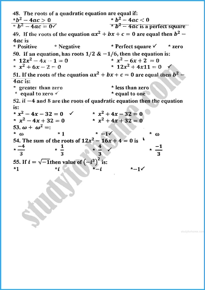 theory of quadratic equations mcqs mathematics class 10th 04