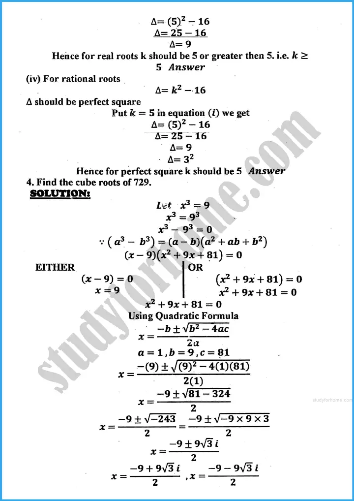 theory of quadratic equations review exercise 20 mathematics class 10th 04