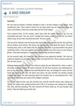 a-bad-dream-summary-and-words-meanings-unit-5-1-english-class-10th-sindh-board