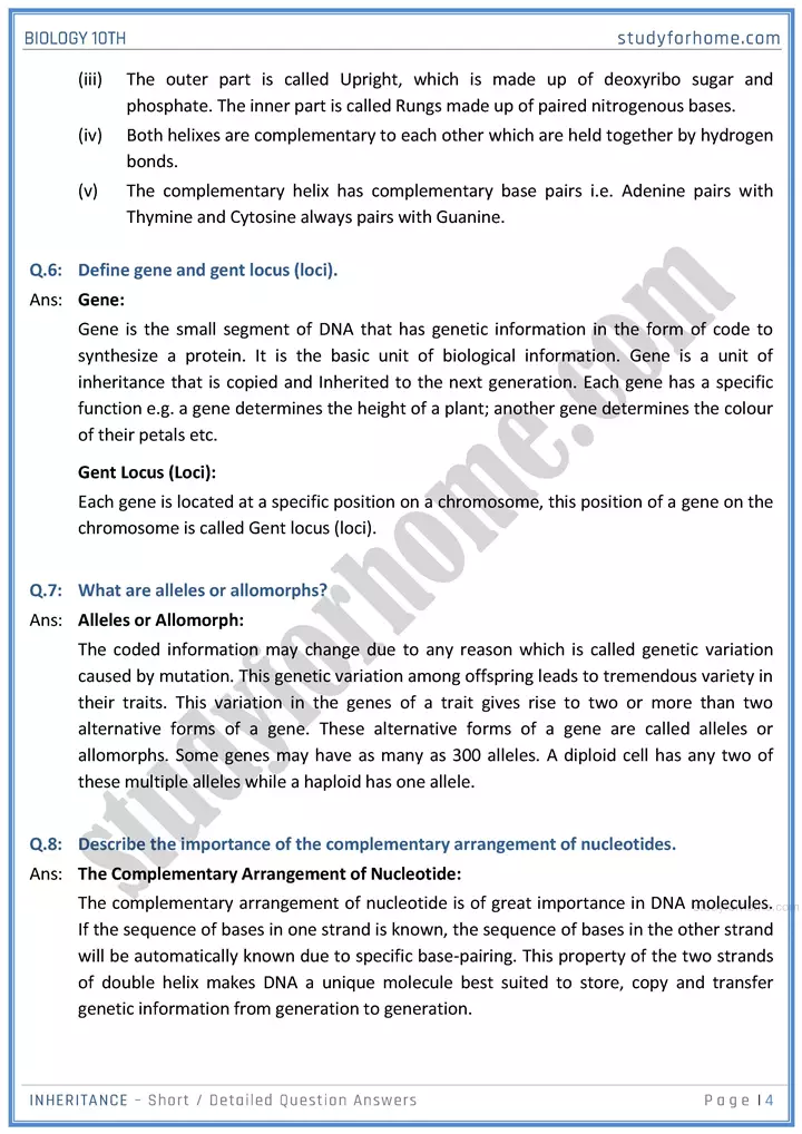 inheritance short and detailed question answers biology class 10th sindh board 04