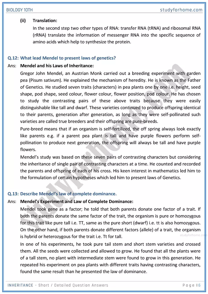 inheritance short and detailed question answers biology class 10th sindh board 06