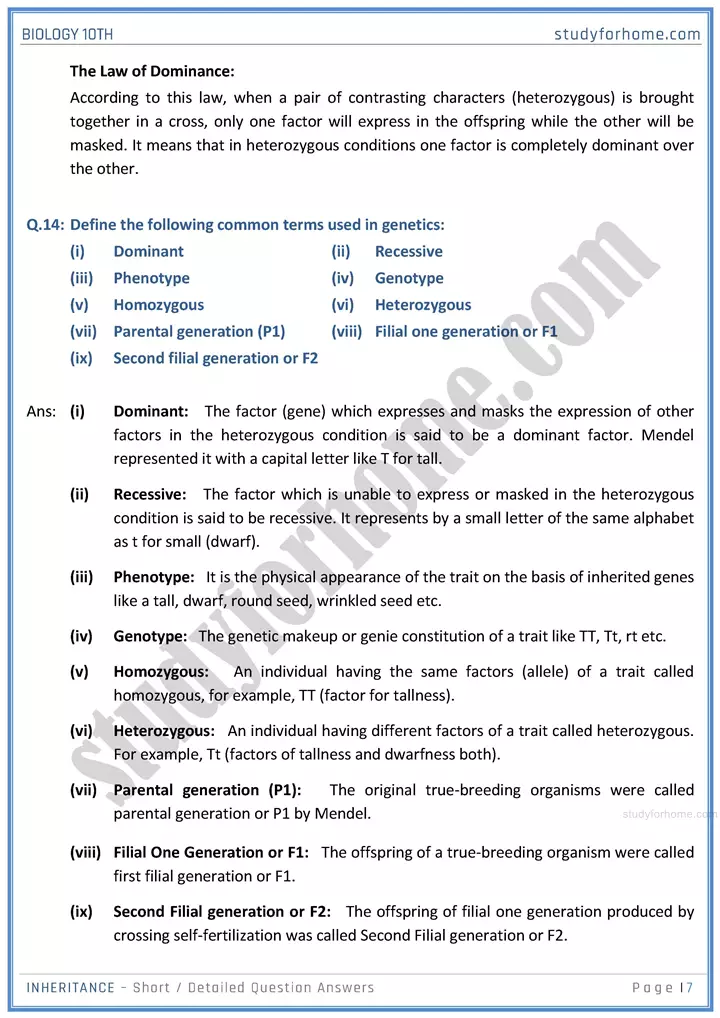 inheritance short and detailed question answers biology class 10th sindh board 07
