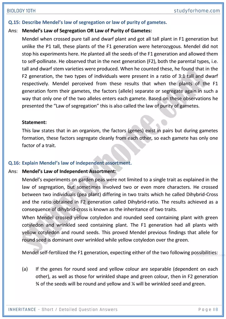 inheritance short and detailed question answers biology class 10th sindh board 08
