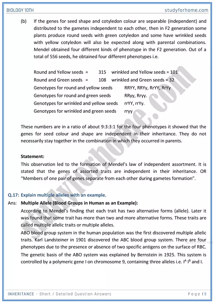 inheritance short and detailed question answers biology class 10th sindh board 09