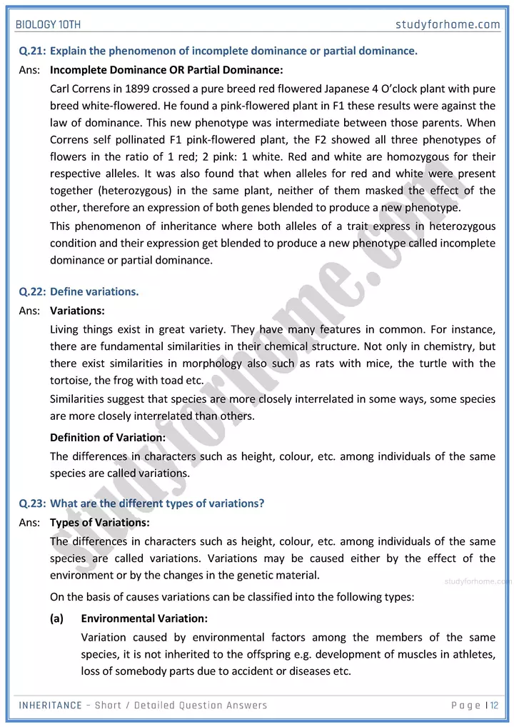 inheritance short and detailed question answers biology class 10th sindh board 12