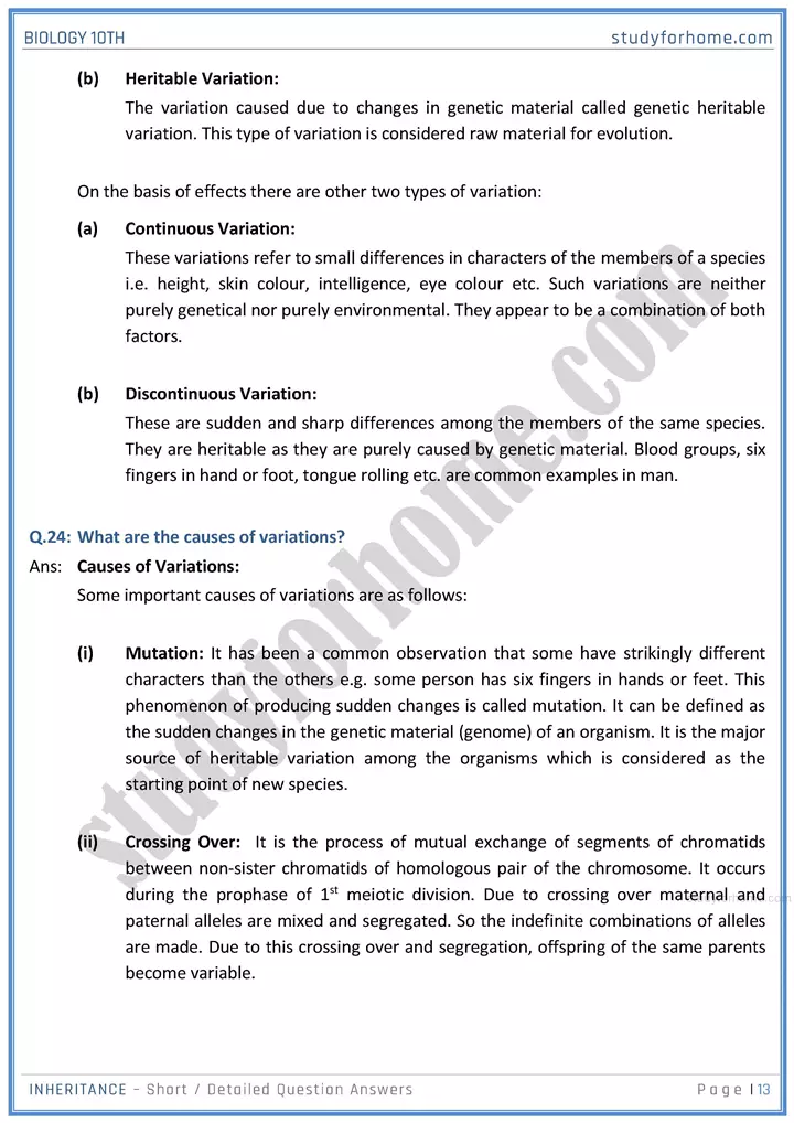 inheritance short and detailed question answers biology class 10th sindh board 13