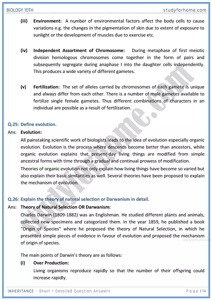 inheritance short and detailed question answers biology class 10th sindh board 14