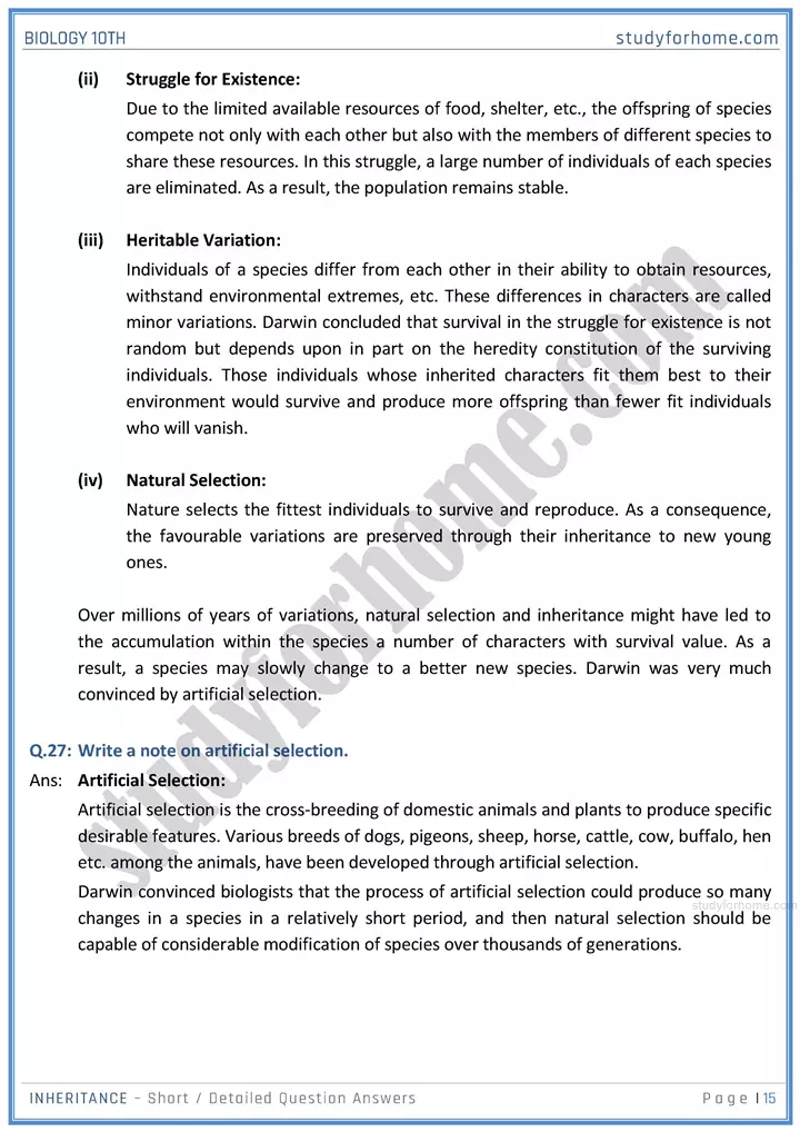 inheritance short and detailed question answers biology class 10th sindh board 15