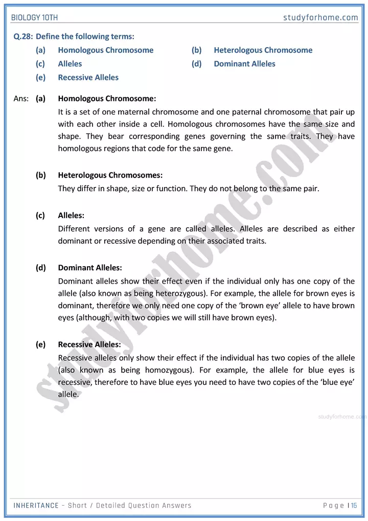 inheritance short and detailed question answers biology class 10th sindh board 16